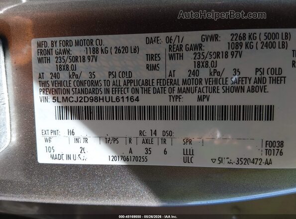 5LMCJ2D98HUL61164 2017 LINCOLN MKC Gray Engine compartment view