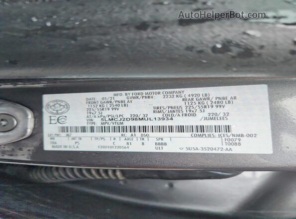 5LMCJ2D98MUL13934 2021 LINCOLN CORSAIR Charcoal Вид наклейки з VIN-кодом
