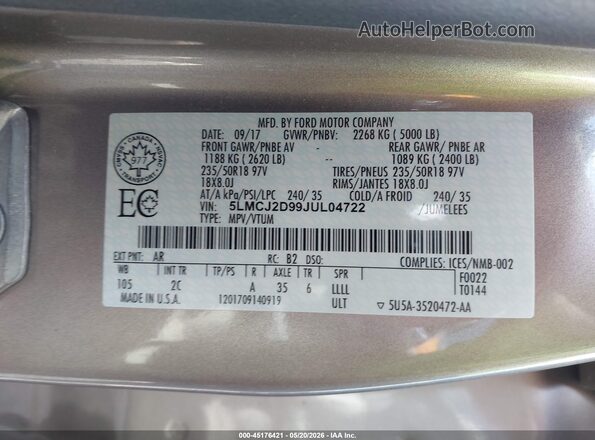5LMCJ2D99JUL04722 2018 LINCOLN MKC Champagne ძრავის განყოფილების ხედი