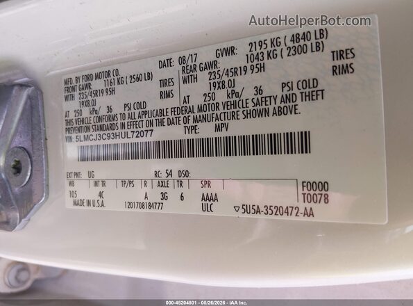 5LMCJ3C93HUL72077 2017 LINCOLN MKC Yellow Вид підкапотного простору