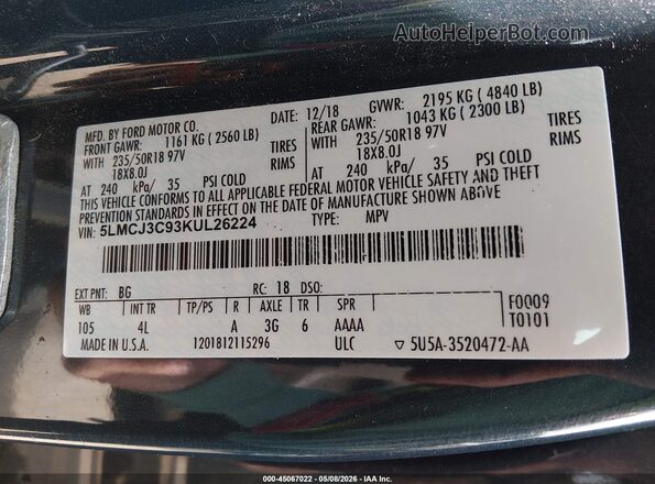 5LMCJ3C93KUL26224 2019 LINCOLN MKC Blue Engine compartment view