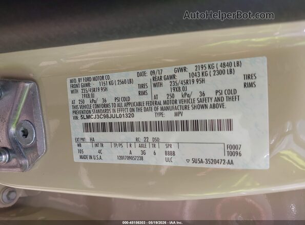 5LMCJ3C98JUL01320 2018 LINCOLN MKC Beige Շարժիչի բաժամունքի տեսք