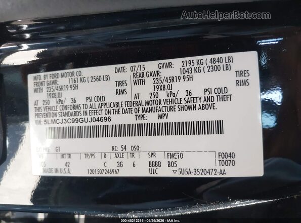 5LMCJ3C99GUJ04696 2016 LINCOLN MKC Black Widok komory silnika