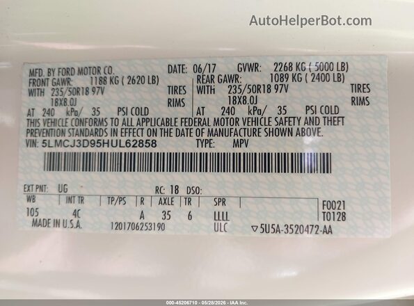 5LMCJ3D95HUL62858 2017 LINCOLN MKC White ძრავის განყოფილების ხედი