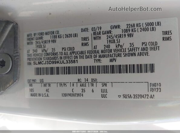 5LMCJ3D99KUL33581 2019 LINCOLN MKC White 