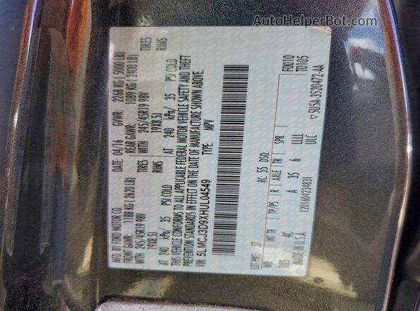 5LMCJ3D9XHUL04549 2017 LINCOLN MKC Gray Widok naklejki z numerem VIN