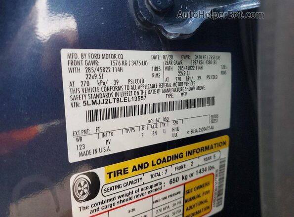 5LMJJ2LT8LEL13557 2020 LINCOLN NAVIGATOR Blue Widok naklejki z numerem VIN
