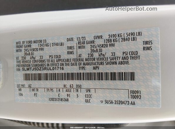 5LMTJ5DZ3RUL01716 2024 LINCOLN CORSAIR White Engine compartment view