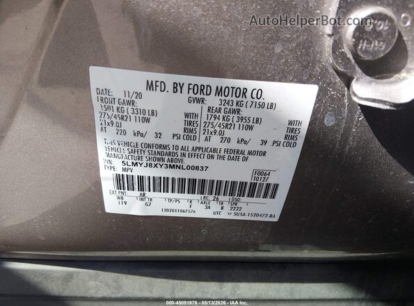 5LMYJ8XY3MNL00837 2021 LINCOLN AVIATOR Champagne Widok komory silnika