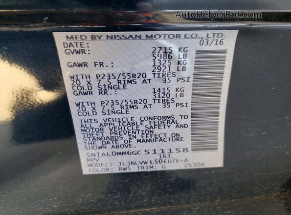 5N1AL0MM6GC511158 2016 INFINITI QX60 Blue VIN sticker view