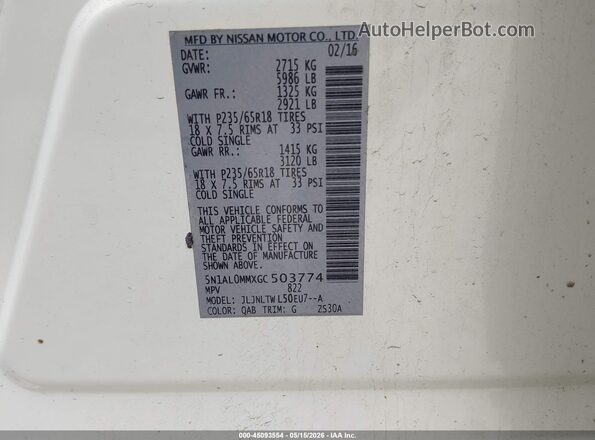 5N1AL0MMXGC503774 2016 INFINITI QX60 White ძრავის განყოფილების ხედი
