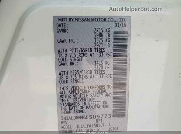 5N1AL0MN4GC509773 2016 INFINITI QX60 White 