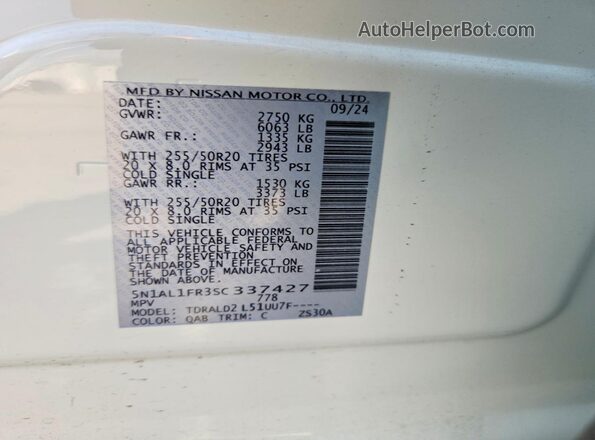 5N1AL1FR3SC337427 2025 INFINITI QX60 White VIN sticker view