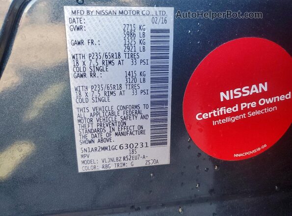 5N1AR2MM1GC630231 2016 NISSAN PATHFINDER Gray Вид наклейки з VIN-кодом