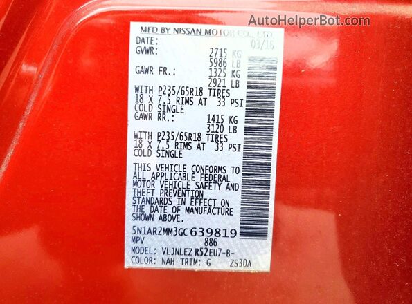 5N1AR2MM3GC639819 2016 NISSAN PATHFINDER Red Вид наклейки з VIN-кодом