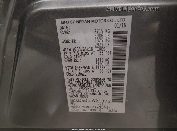 5N1AR2MM7GC621372 2016 NISSAN PATHFINDER Gray Շարժիչի բաժամունքի տեսք