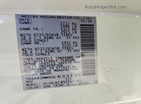 5N1AR2MM9GC633135 2016 NISSAN PATHFINDER White Vista interior de 360 grados