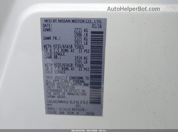 5N1AR2MN4GC626392 2016 NISSAN PATHFINDER White Вид підкапотного простору