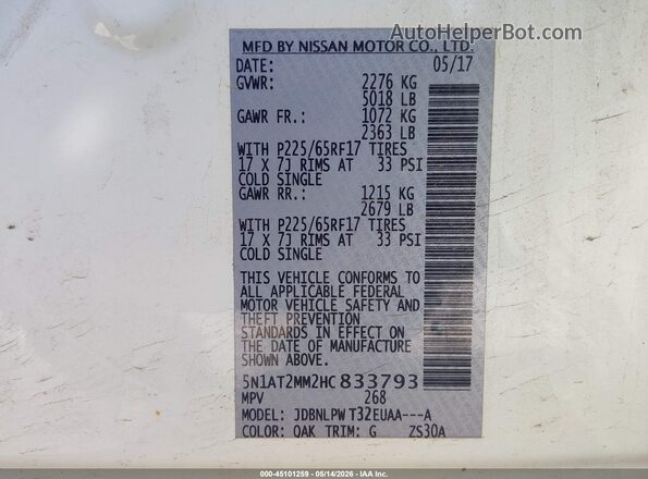 5N1AT2MM2HC833793 2017 NISSAN ROGUE White Engine compartment view