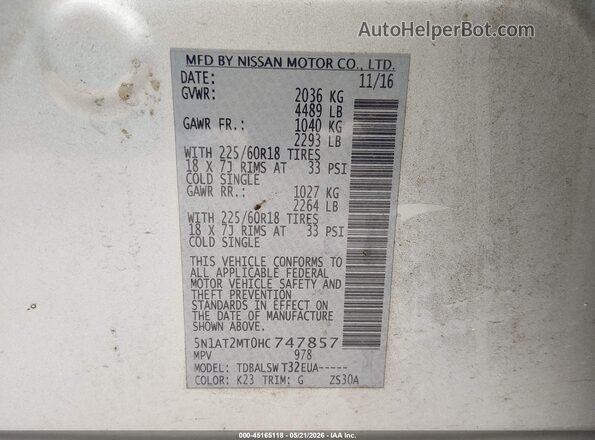 5N1AT2MT0HC747857 2017 NISSAN ROGUE Silver Вид підкапотного простору