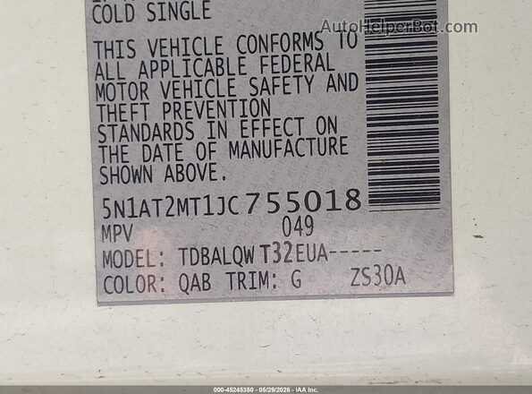 5N1AT2MT1JC755018 2018 NISSAN ROGUE White Вид підкапотного простору