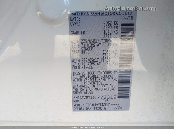 5N1AT2MT1JC772319 2018 NISSAN ROGUE White Engine compartment view