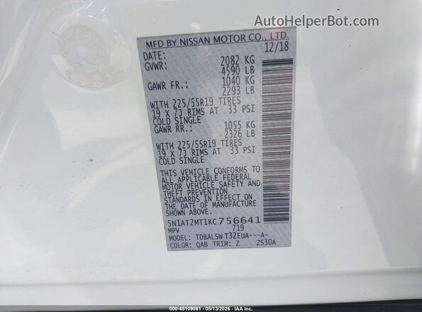5N1AT2MT1KC756641 2019 NISSAN ROGUE White Widok komory silnika