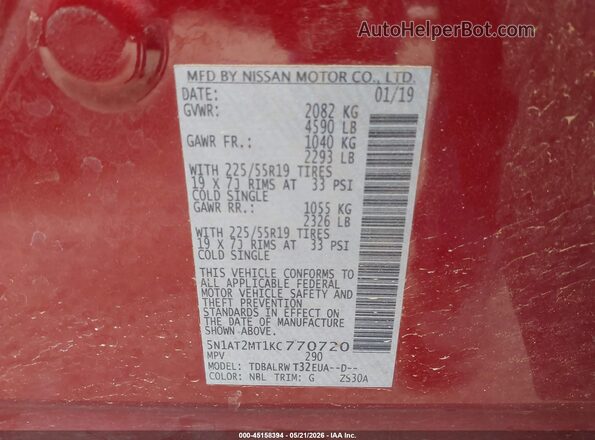 5N1AT2MT1KC770720 2019 NISSAN ROGUE Maroon Engine compartment view