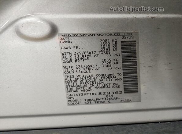 5N1AT2MT1KC829362 2019 NISSAN ROGUE Silver 