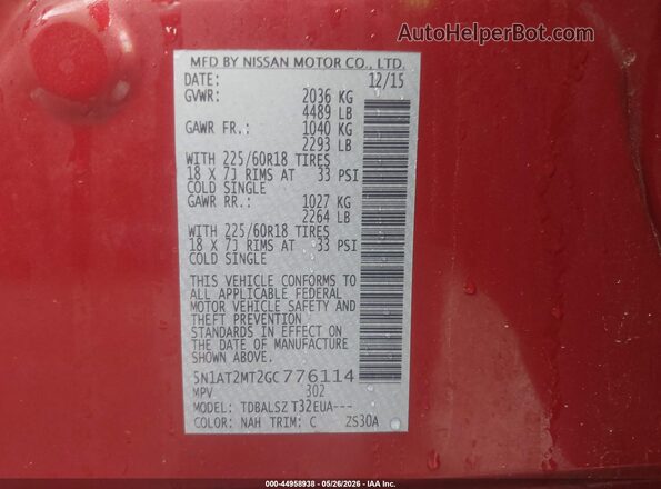 5N1AT2MT2GC776114 2016 NISSAN ROGUE Burgundy Widok komory silnika