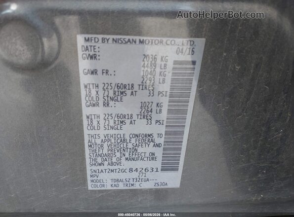 5N1AT2MT2GC842631 2016 NISSAN ROGUE Gray 