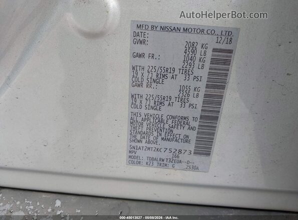 5N1AT2MT2KC752873 2019 NISSAN ROGUE Silver Vista del compartimento del motor
