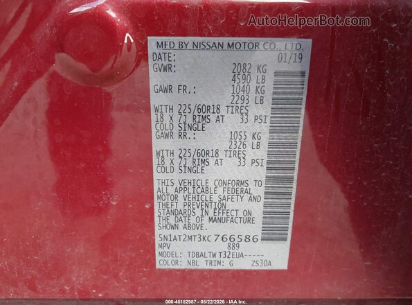 5N1AT2MT3KC766586 2019 NISSAN ROGUE Red 