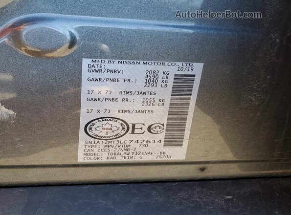5N1AT2MT3LC742614 2020 NISSAN ROGUE Gray Widok wnętrza 360 stopni