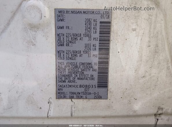 5N1AT2MT4JC808035 2018 NISSAN ROGUE White Շարժիչի բաժամունքի տեսք