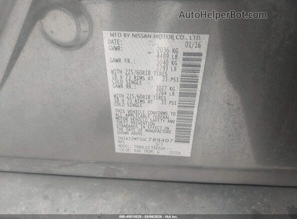 5N1AT2MT5GC789407 2016 NISSAN ROGUE Gray 