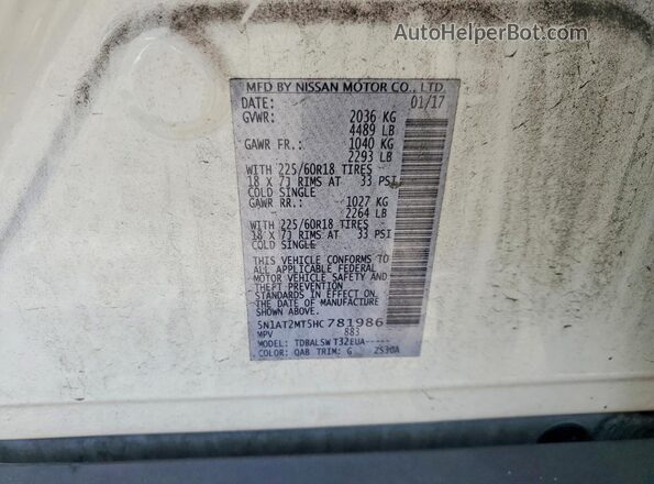 5N1AT2MT5HC781986 2017 NISSAN ROGUE White VIN sticker view