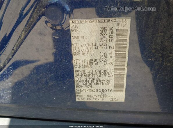 5N1AT2MT5KC818056 2019 NISSAN ROGUE Blue Engine compartment view