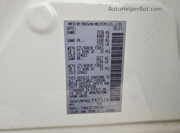 5N1AT2MT6GC757579 2016 NISSAN ROGUE White 