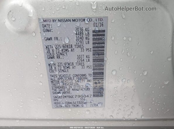 5N1AT2MT6GC790047 2016 NISSAN ROGUE Silver 