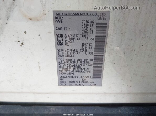 5N1AT2MT6GC892691 2016 NISSAN ROGUE White Engine compartment view