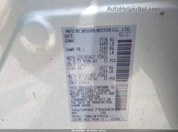 5N1AT2MT6HC796089 2017 NISSAN ROGUE Silver Vista del compartimento del motor