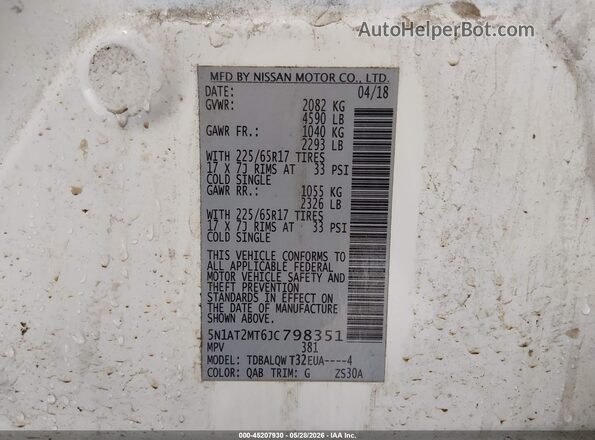 5N1AT2MT6JC798351 2018 NISSAN ROGUE White Вид підкапотного простору