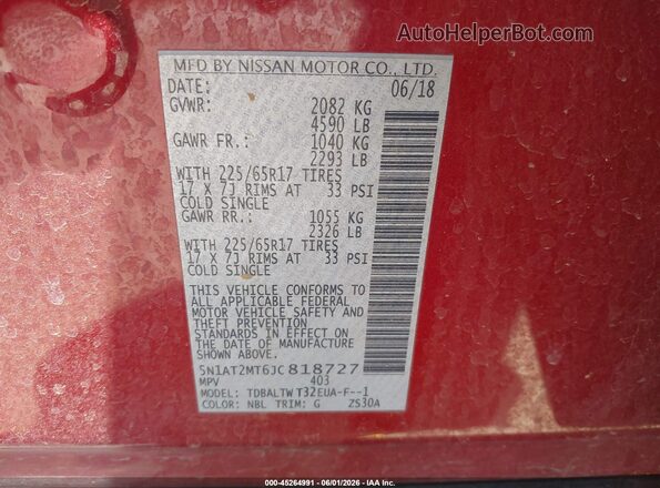 5N1AT2MT6JC818727 2018 NISSAN ROGUE Maroon 