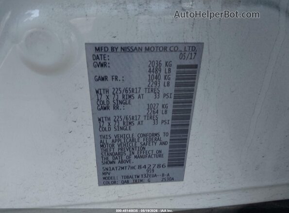 5N1AT2MT7HC842786 2017 NISSAN ROGUE White 