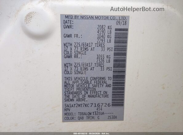 5N1AT2MT7KC716726 2019 NISSAN ROGUE White Engine compartment view