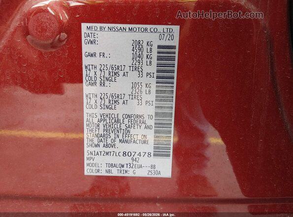 5N1AT2MT7LC807478 2020 NISSAN ROGUE Burgundy Շարժիչի բաժամունքի տեսք
