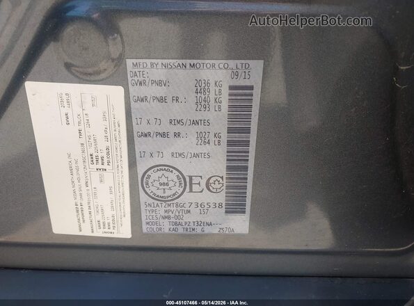 5N1AT2MT8GC736538 2016 NISSAN ROGUE Gray Engine compartment view