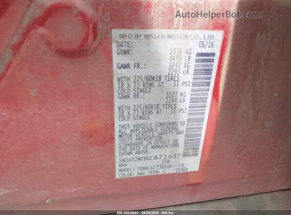 5N1AT2MT8GC871437 2016 NISSAN ROGUE Red Vista del compartimento del motor