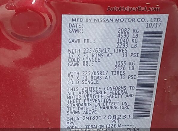 5N1AT2MT8JC708231 2018 NISSAN ROGUE Red 